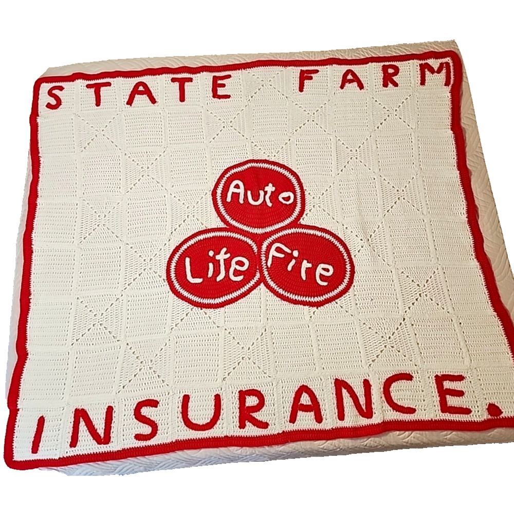 State‎ Farm Insurance Crochet Afghan 55x66 Red White Advertising Throw Blanket